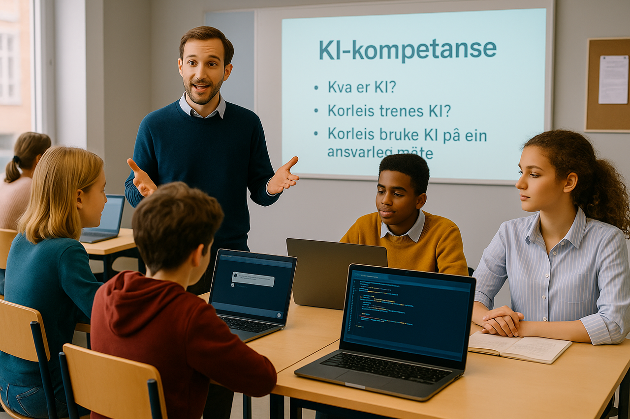 Biletet viser eit klasserom der ein lærar står framfor ein PowerPoint-presentasjon på tavla med overskrifta “KI-kompetanse”. På skjermen står punkta: “Kva er KI?”, “Korleis trenes KI?” og “Korleis bruke KI på ein ansvarleg måte?”. Læraren forklarer med engasjert kroppsspråk til ein gruppe elevar som sit ved pultar med opne PC-ar. Elevane følgjer med og ser interesserte ut, nokre skriv notatar medan andre ser på skjermane sine. I bakgrunnen strøymer naturleg lys inn gjennom store vindauge, og rommet er lyst og innbydande. Biletet gir eit inntrykk av ein moderne og engasjerande undervisningssituasjon der elevane lærer om kunstig intelligens.