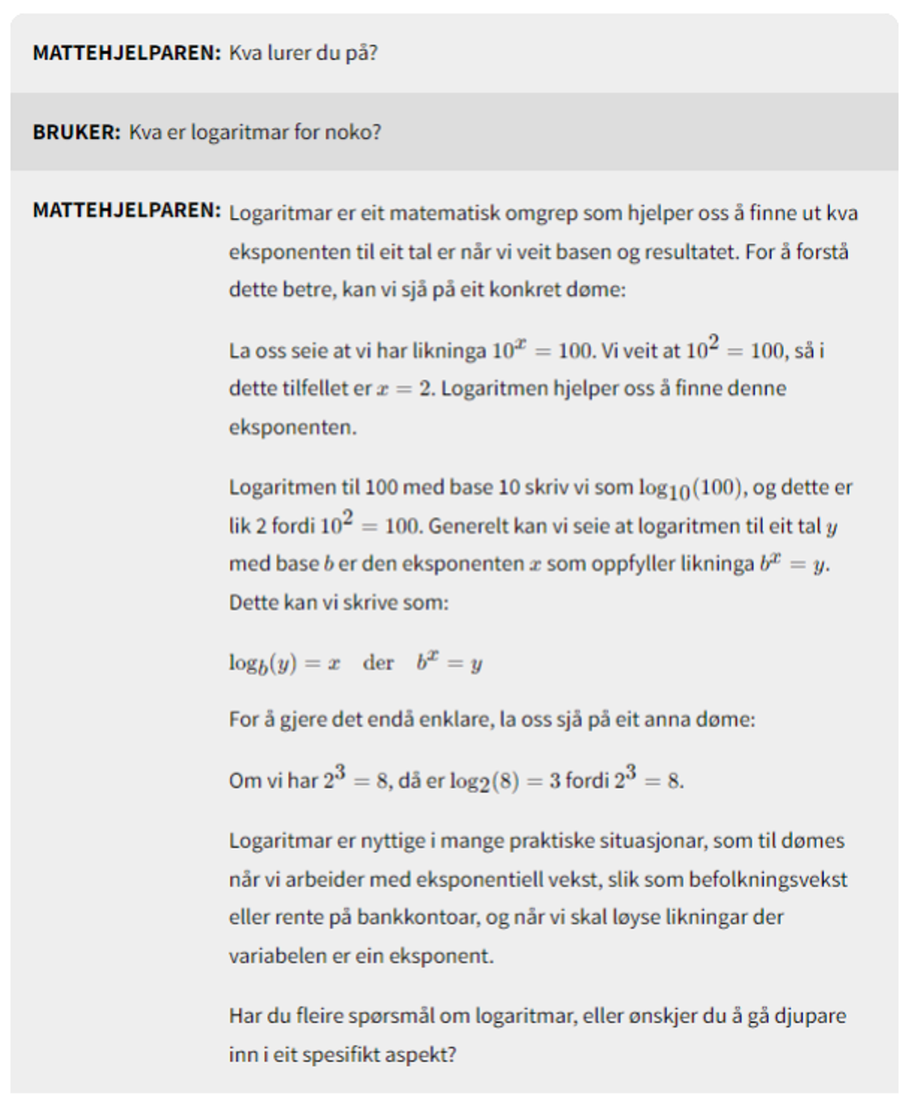 Døme på dialog med mattehjelpar - del 1